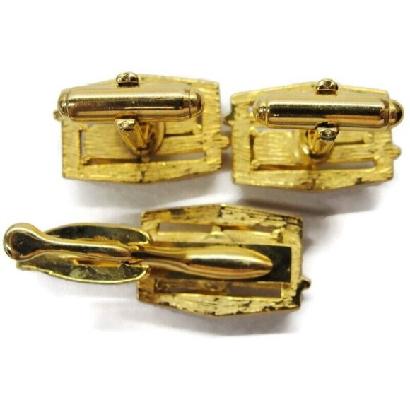 Cufflinks Set w Tie Clasp Gold Tone Emerald Cut Rhinestone Dress Suit Vintage - Picture 9 of 9